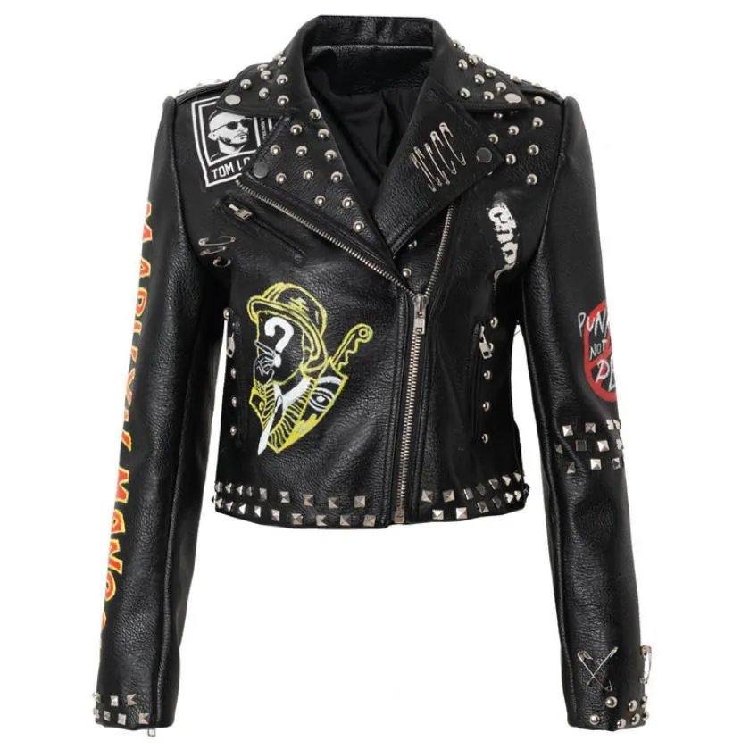 punk spiked graffiti leather biker jacket