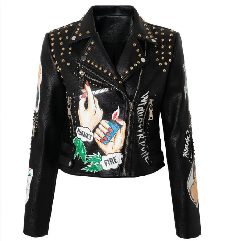 punk spiked graffiti leather biker jacket