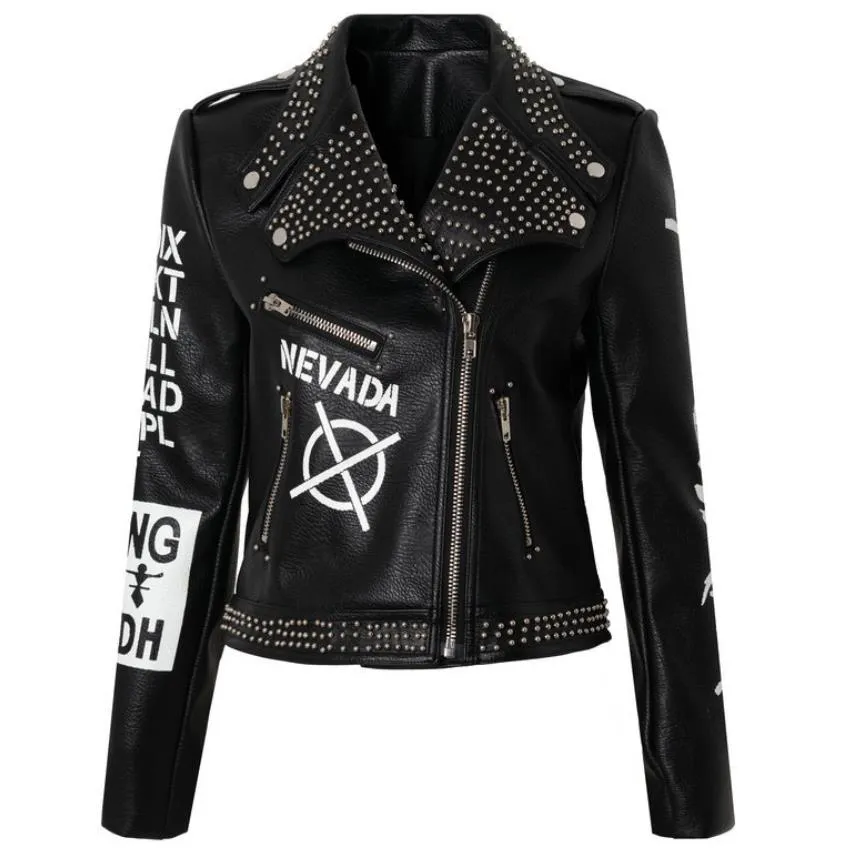 punk spiked graffiti leather biker jacket