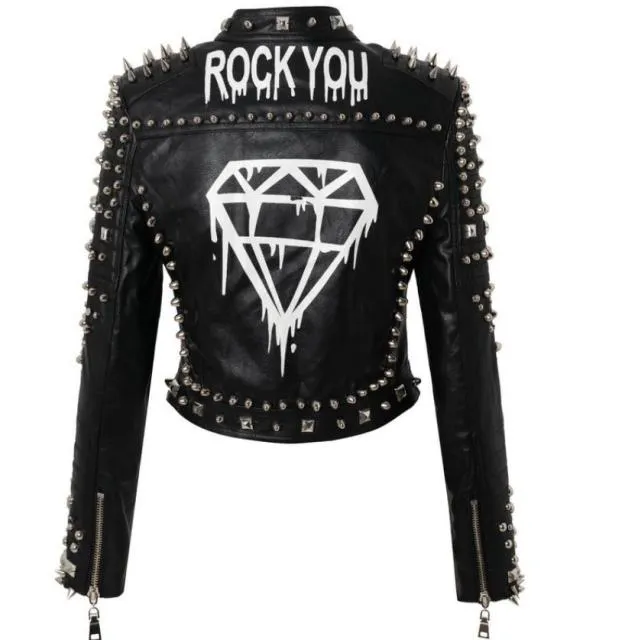 punk spiked graffiti leather biker jacket
