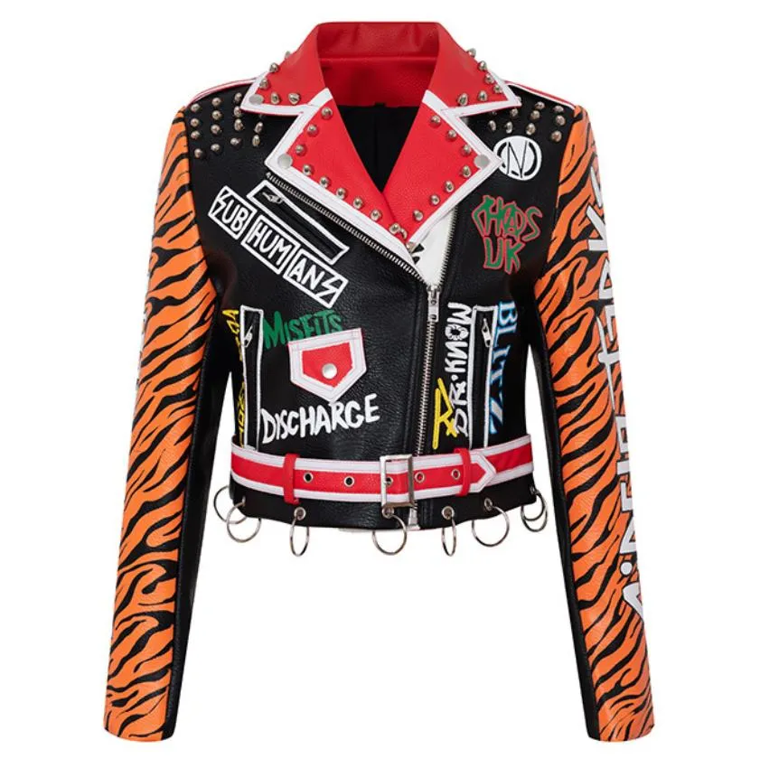 punk spiked graffiti leather biker jacket