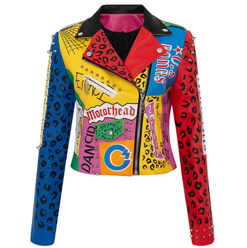 punk spiked graffiti leather biker jacket
