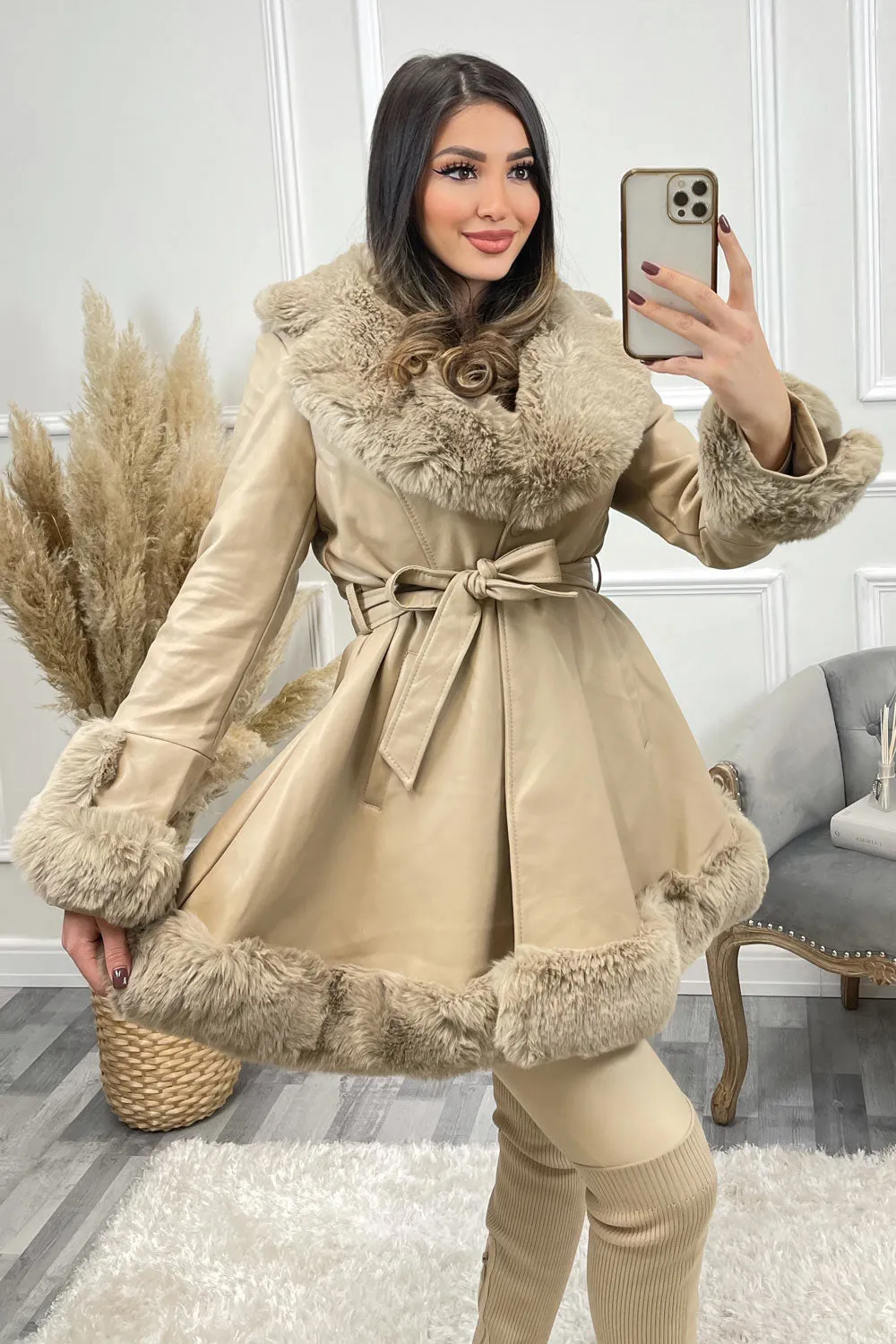 Rala Beige Faux PU Faux Leather Faux Fur Trim Button Up Coat