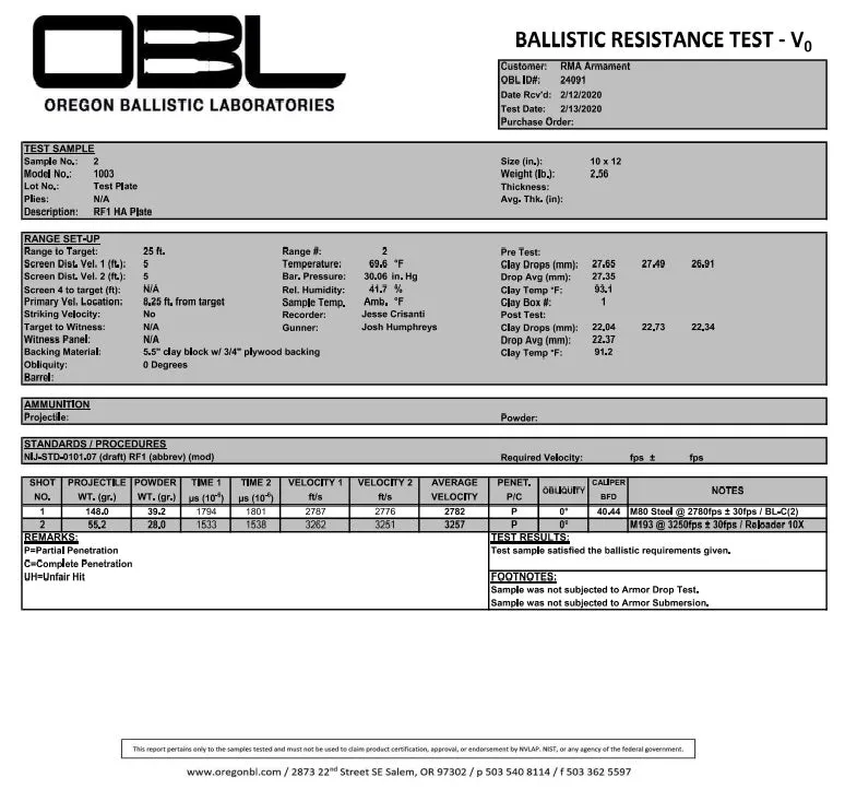 RMA Defense SRT Lightweight Body Armor Plate – Level IIIA  (Model #1003)