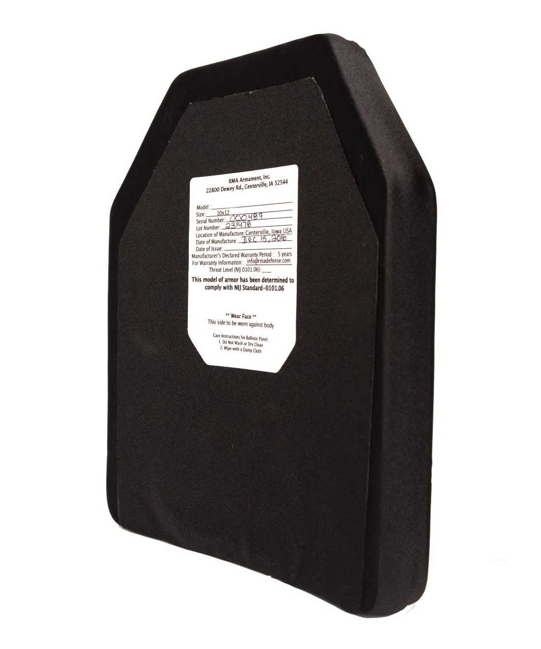 RMA Defense SRT Lightweight Body Armor Plate – Level IIIA  (Model #1003)