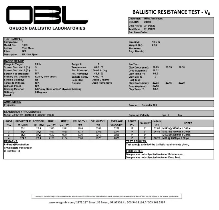 RMA Defense SRT Lightweight Body Armor Plate – Level IIIA  (Model #1003)