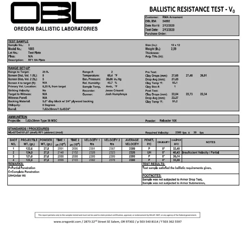 RMA Defense SRT Lightweight Body Armor Plate – Level IIIA  (Model #1003)