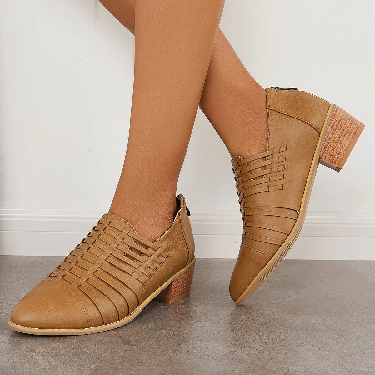 Sohiwoo woman formal Cut Out Ankle Boots Pointed Toe Block Heel Short Booties